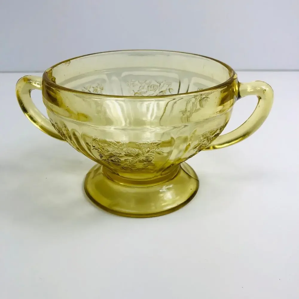 Amber Federal Glass Depression Glass Sharon Cabbage Rose Open Sugar Bowl READ
